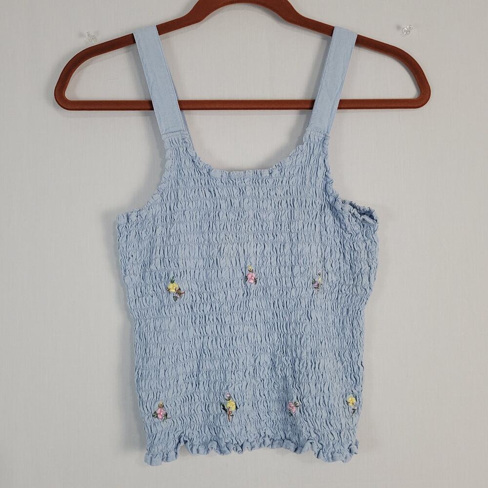 Austin Sleeveless Smocked Floral Embroidered Top sz XS Blue Cottagecore Prairie